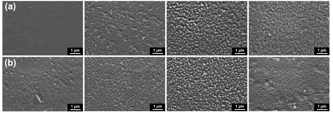 ETFE經(jīng)(a)6 50 W和(b)9 50 W等離子體處理10 s,30 s,1 20 s,300 s(從左至右)后表面的SEM照片